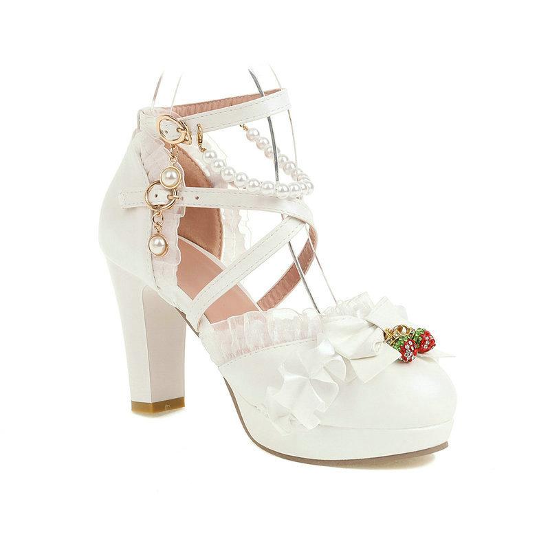 

Женские туфли на высоком каблуке, сандалии Лолита, женские туфли на платформе, милые с рюшами и бантом, свадебные, для подростков, для косплей-вечеринок, размеры 33-46 35
