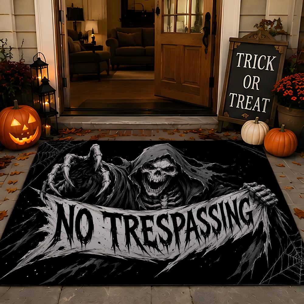 Dark Skeleton Halloween Banner Signs Floor Mat Festive Decorative Flannel Non-Slip Washable Mat for Entry & PartyParty-Ready