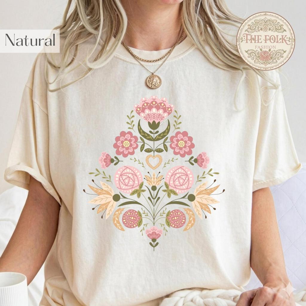 Folk Art Floral Shirt, Scandinavian Botanical T-Shirt, Boho Wildflower Graphic Tee, Cottagecore Flower Top, Vintage Floral Gift for Women