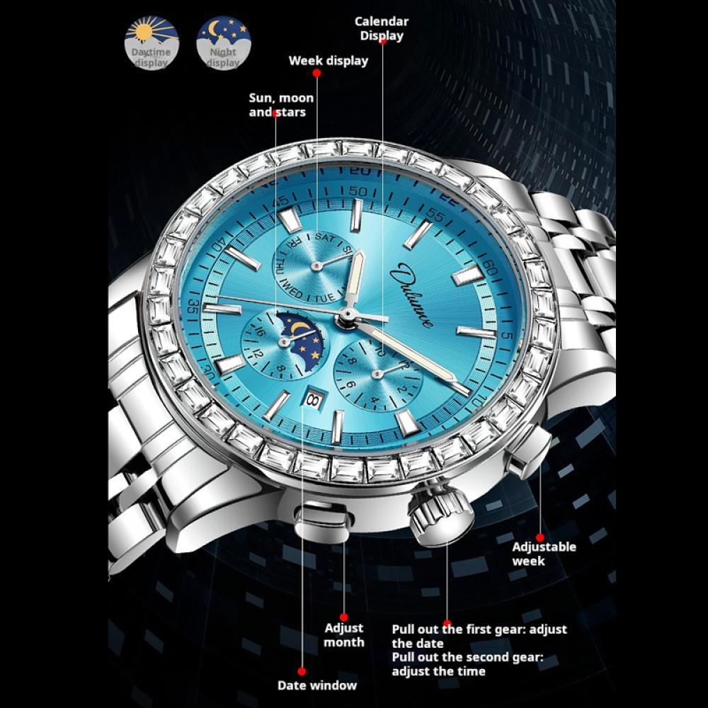 Dulunwe Luxus-Armbanduhr mit Mondphase, leuchtende Wochenkalenderanzeige, Uhren für Herren, modische Edelstein-Automatik-mechanische Uhr