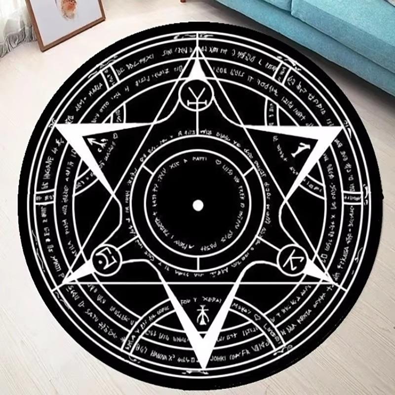 Pentacle Symbol Rug , Pentagram Patterned Round Carpet , Satan Devil's Trap , White on Black Supernatural Carpet