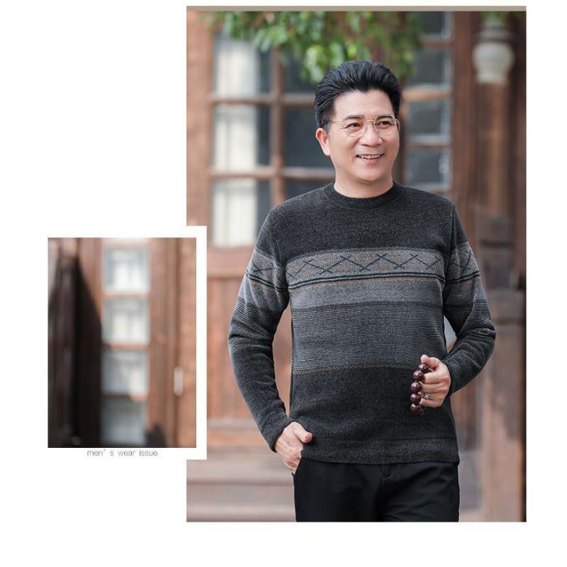 Autumn Winter New Fleece Lined Thick Sweater Middle Aged Men's Crew Neck Warm Chenille Knit Base Layer Shirt