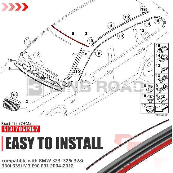 Front Upper Windshield Moulding Seal 51317061967 Compatible with BMW E90 E91 320i 323i 325i 328i 2004-2012