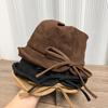 Retro Suede Bucket Hat Women's Autumn and Winter New Rear Split Bow Show Face Small Visor