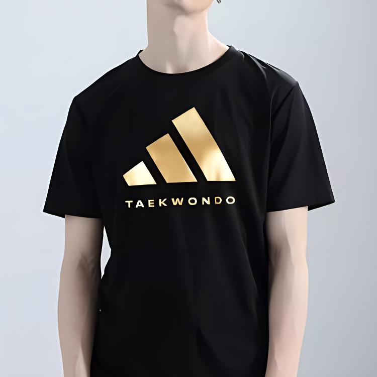 Adidas Klasické Pohodlné Tréninkové Běžecké Sportovní Pletené Tričko s Krátkým Rukávem a Kulatým Výstřihem Unisex Top Černá Zlatá ADICLTS24TK-BG