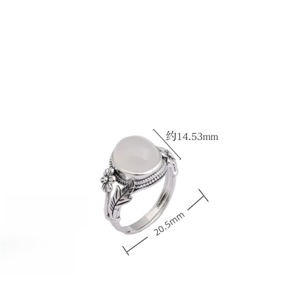 Imitation White Chalcedony Retro Ring Female Thai Silver Versatile Personality Literary and Artistic Fan