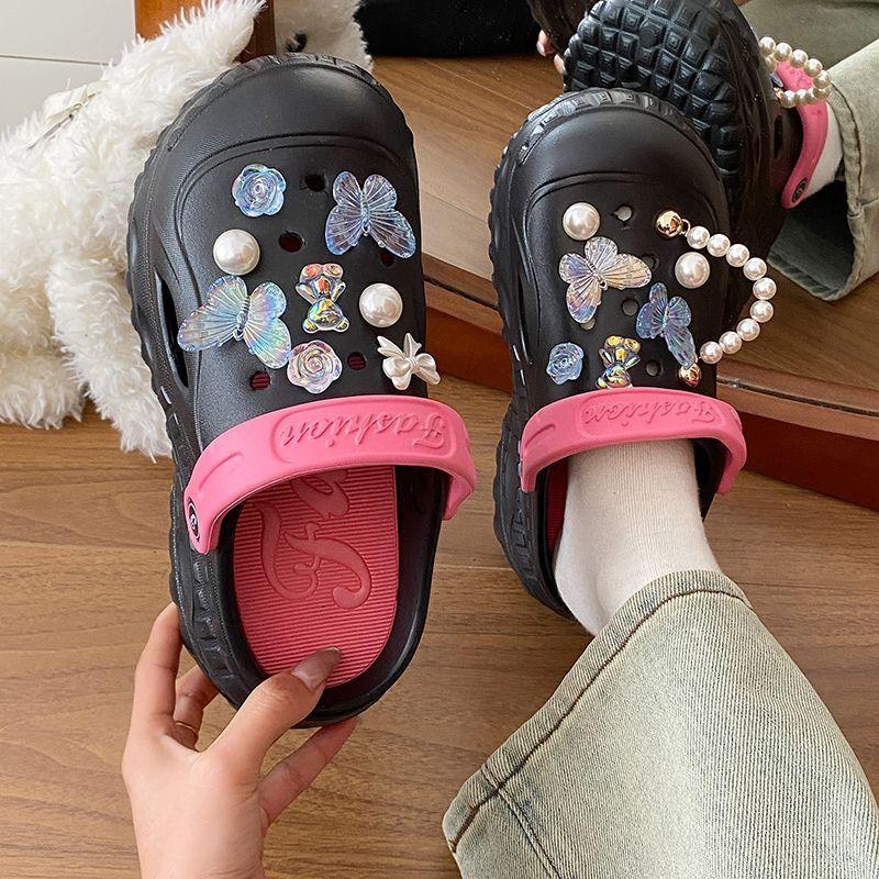 New Beach Removable Thick Bottom Hole Shoes Women's Non-slip Butterfly Outside Wear Heightening EVA Baotou Slippers