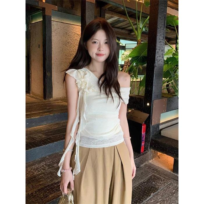 Fashion French Pure Desire Wind Streamer Off-shoulder Short Sleeve Summer Slim and Thin Temperament Foreign Versatile Top Trendy Ins