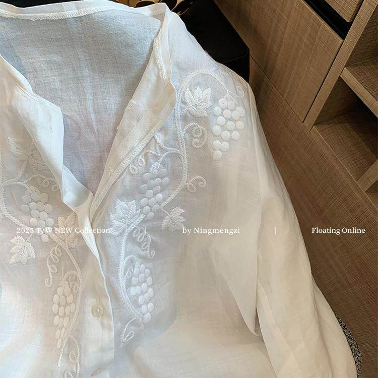 White heavy industry embroidered linen shirt top women's spring new design sense casual temperament simple shirt