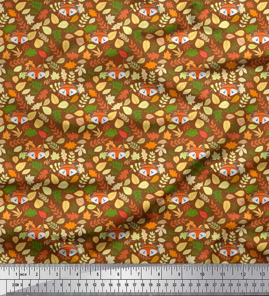 Soimoi Japan Crepe Satin Fabric Leaves & Fox Face Cartoon Printed Craft Fabric by the Metre 42 Inch
