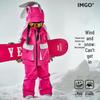 Children's Windproof Rose Red Bunny Ear Ski Suit with Velvet Lining