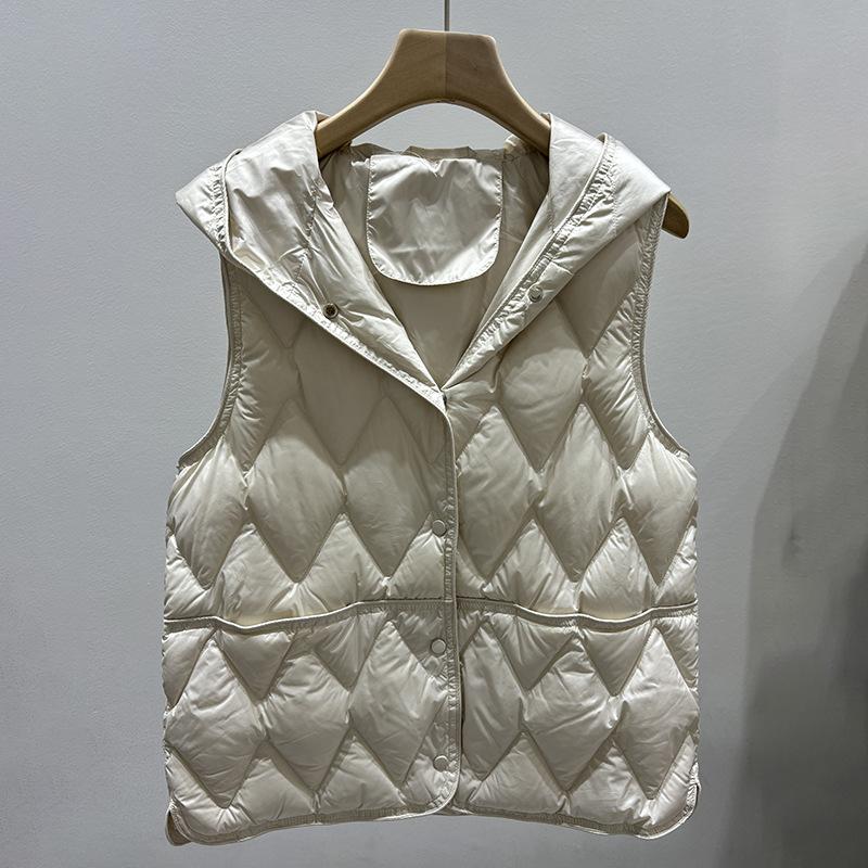 Autumn and winter new hooded short fashion down jacket women's V-shaped pressed line vest white duck down to keep warm in winter