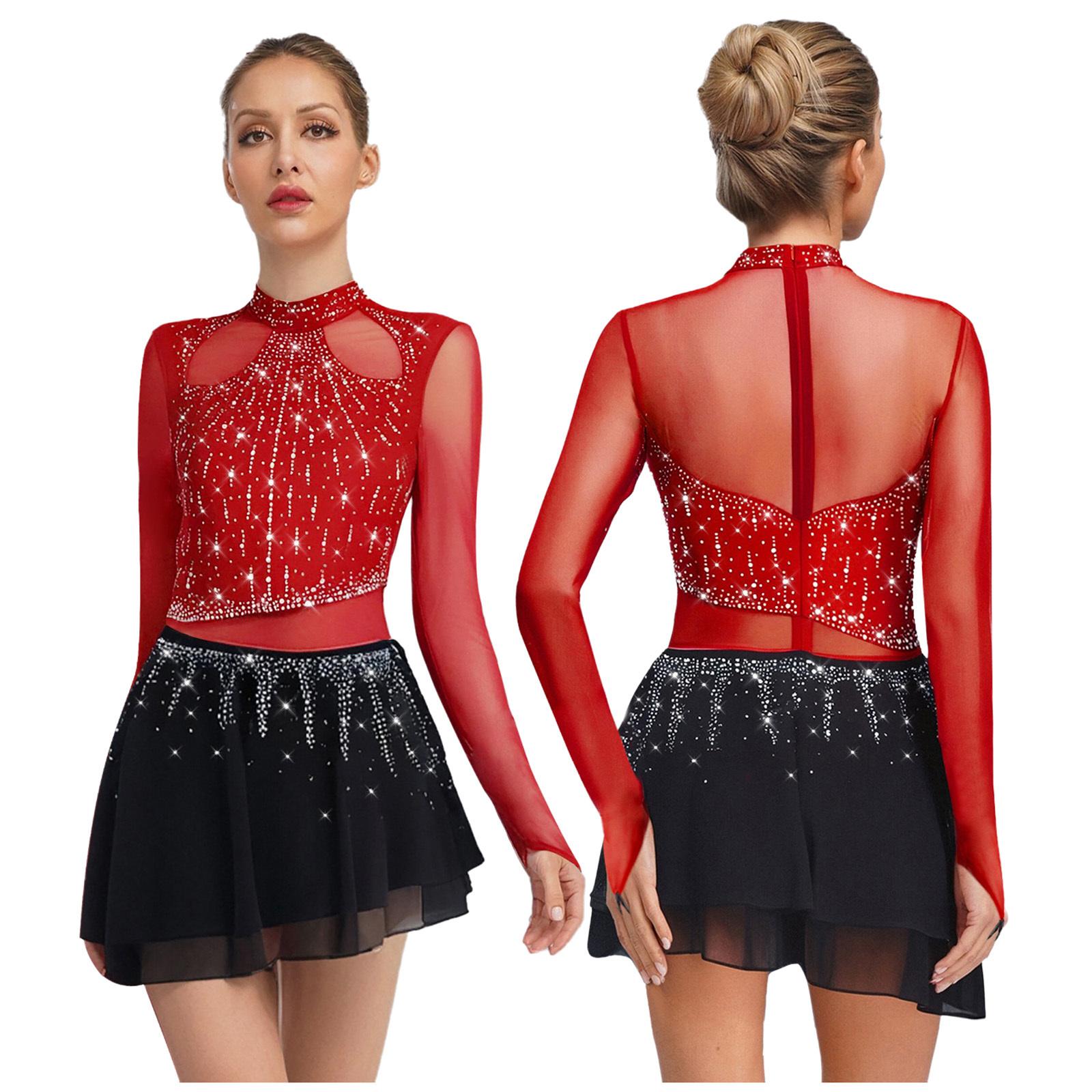 

Women‘s Figure Skating Dress Modern Dance Costume Rhinestone Bodysuit with Chiffon Skirt S бордовий