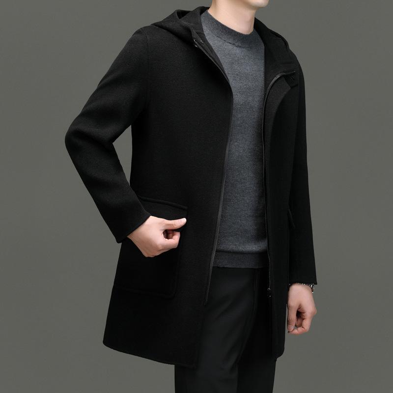 Men's Mid-Length Double-Sided Pure Wool Hooded Coat - Autumn/Winter Trendy Youth Outerwear