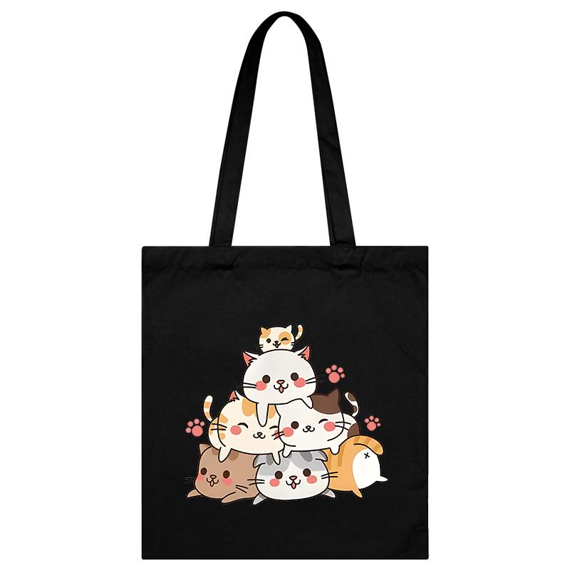 Funny Anime Cat Graphics Women Canvas Shoulder Bag Cartoon Animal and Plant Shopping Bag Kitten Lover Female Reusable Handbags