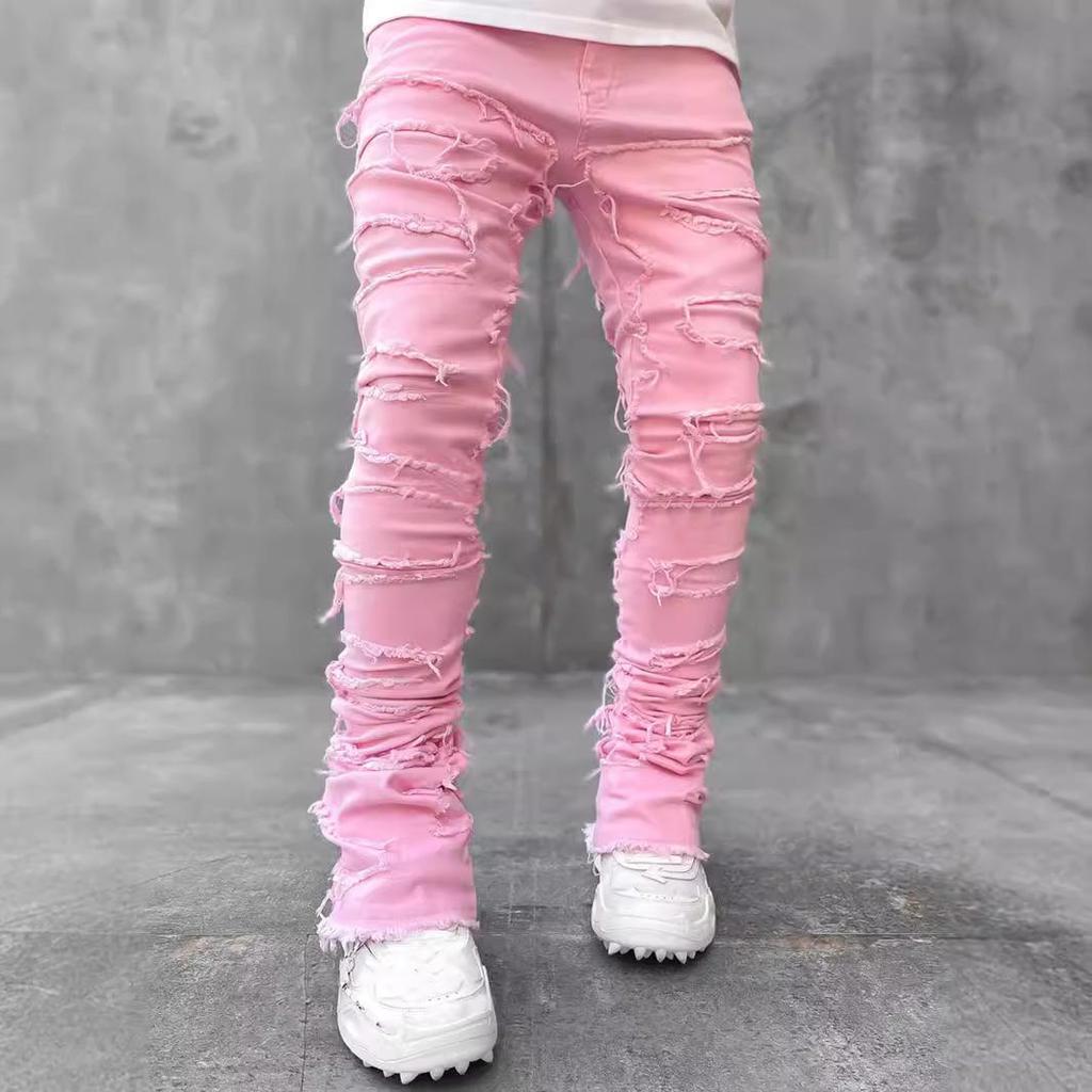 WISH Men's Elastic Tassel Patch Denim Pants - European & American Fashion Trend