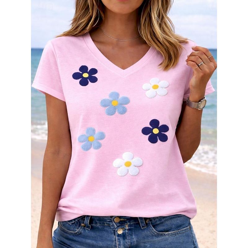 Women's Plants Letter Graphic V Neck T Shirt, Short Sleeve Regular Casual Tops, Daily Multi-color Wear for Spring & Summer
