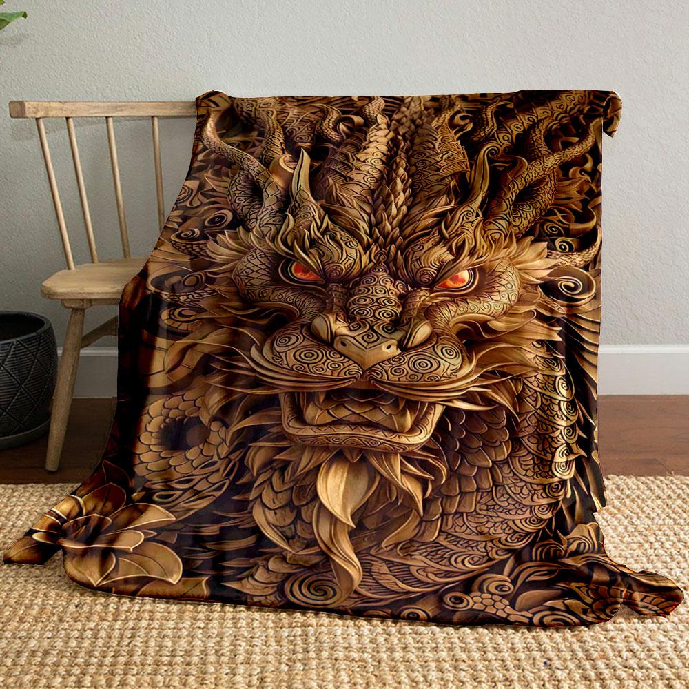 Intricate golden dragon with swirling patterns and glowing eyes. for all seasons blanket lunch break throw gift