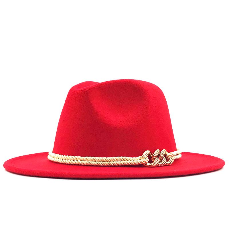 Black Wool Felt Jazz Fedora Hats Belt Buckle Decor Women Unisex Wide Brim Panama Trilby Cowboy Cap Sunhat