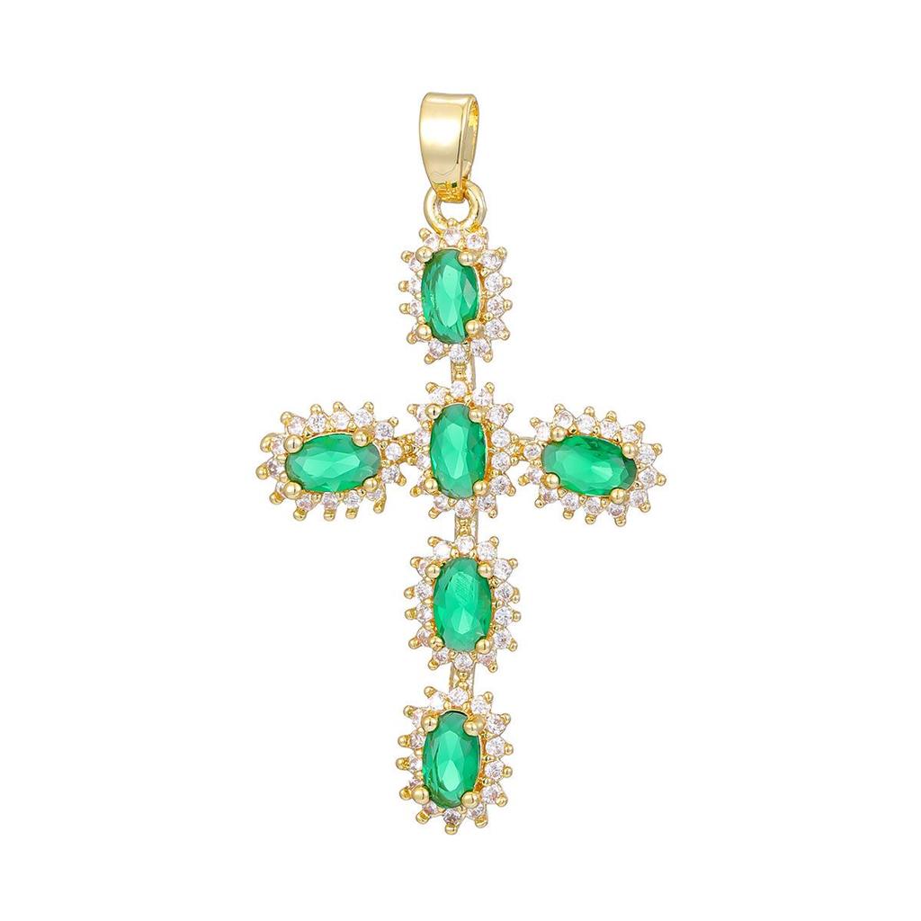 Gold-Plated Multi-Color Zirconia Cross Necklace with Full Diamond Design