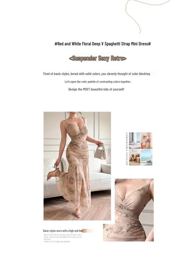 Elegant European and American Style Chiffon Dress - Sexy Deep V Backless, Long Versatile Printed Suspender Dress for Women