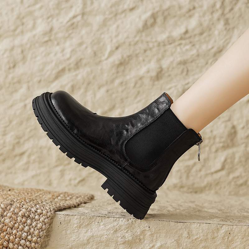 Krazing Pot Sheep Skin Round Toe Winter Med Heels Chelsea Boots Women Zipper Retro Fashion Platform Ankle Boots