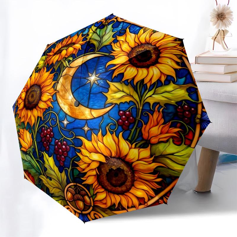 1pc Sunflowers, Moon, Stained Glass Umbrella with Plastic Handle,Compact & Stylish,Suitable for All Seasons YS331093