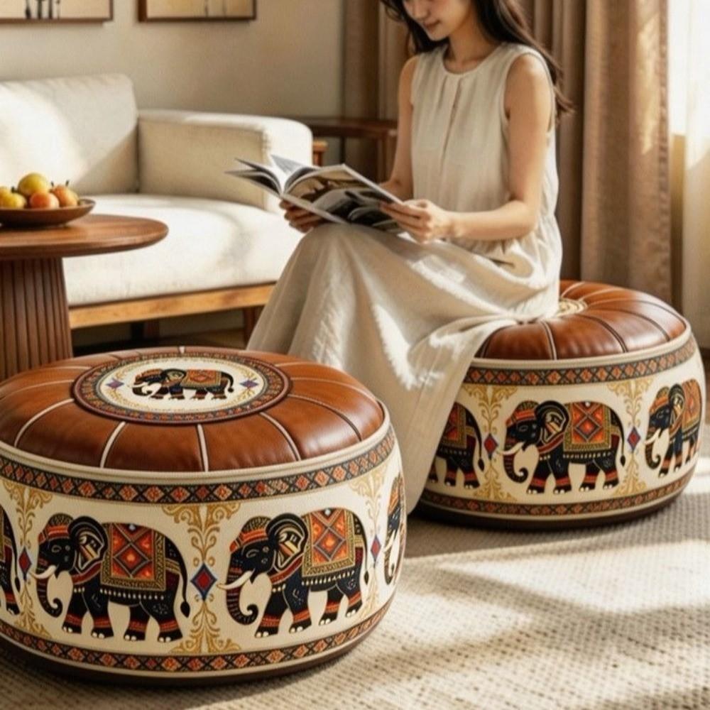 PU Leather Round Sofa Stool Cover Space-Saving Tatami Sitting Mat Storage Leg Bench Apartment