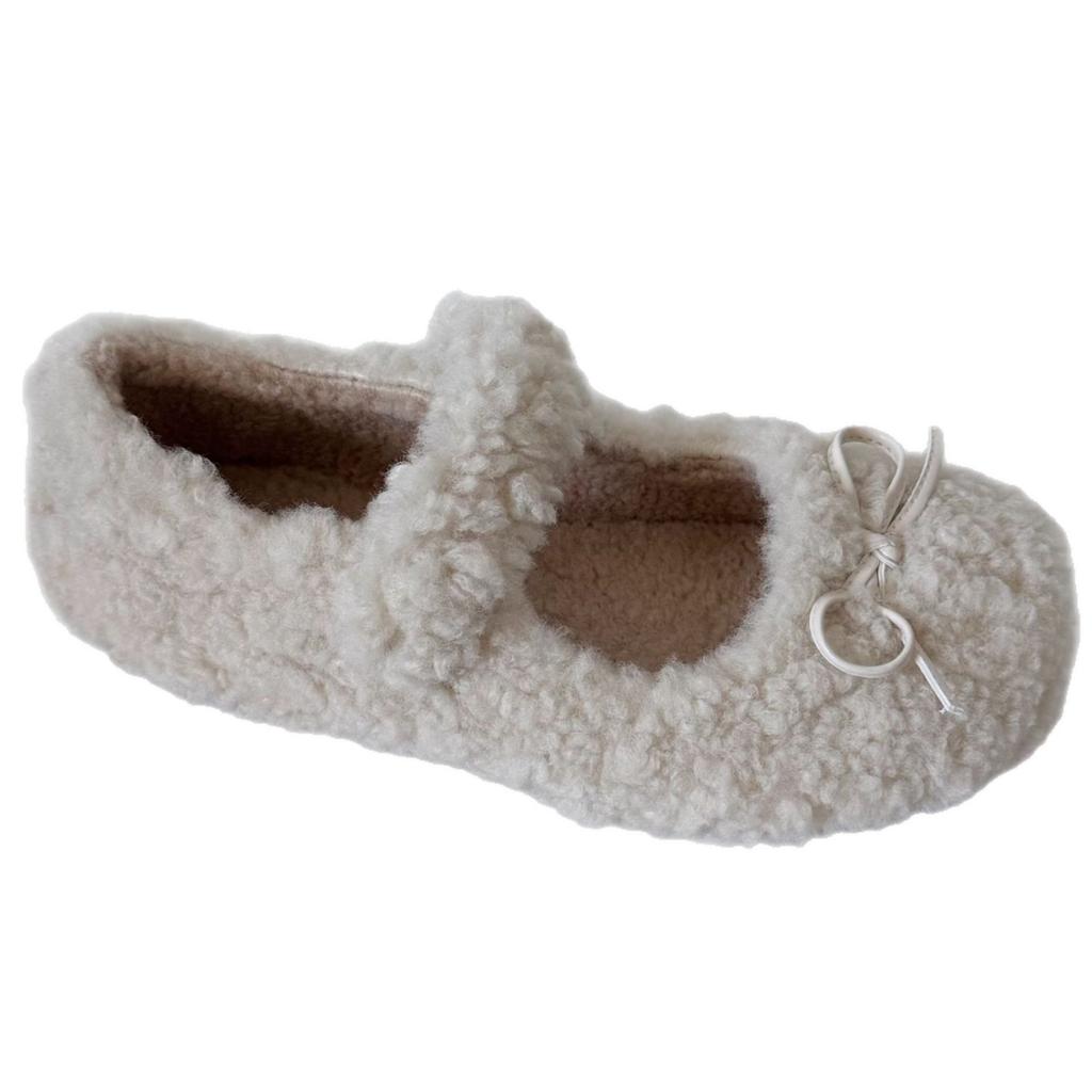 2025 autumn and winter fluffy shoes, warm and velvet cotton shoes, non-slip fairy wind Mary Jane shoes, soft-soled Doudou shoes