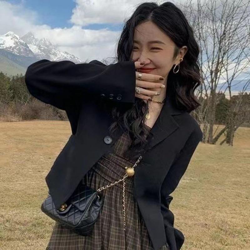 

Корейский костюм больших размеров на весну и осень: Платье-подтяжка в клетку + облегающий жакет в комплекте (Подходит для веса до 200 фунтов) 4XL (180-200 lbs)