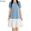 Women Casual Round Neck Loose Short Sleeve Splice Dress