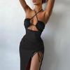 Letní sexy šaty pro ženy bez rukávů s odhalenými zády s výřezy společenské šaty módní šněrovací halterové bodycon elegantní šaty s rozparkem