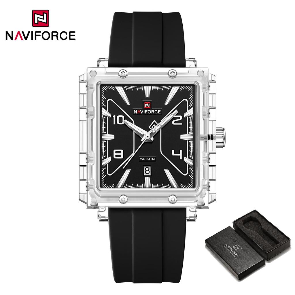 Naviforce Original Men Watch Lightweight Plastic Case Silicone Strap 50m Waterproof Luminous Pointer Square Men Fashion Casual Watch NF6112
