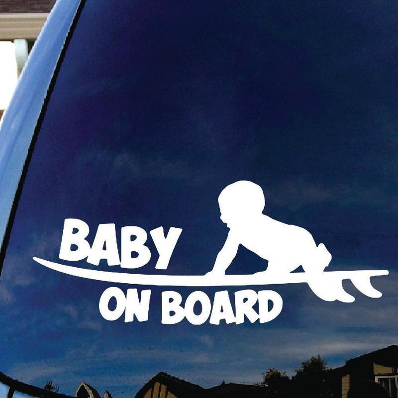 Baby On Board Funny Vinyl Sticker Cute Surfboard Surfer Car Reflective Silver Decal