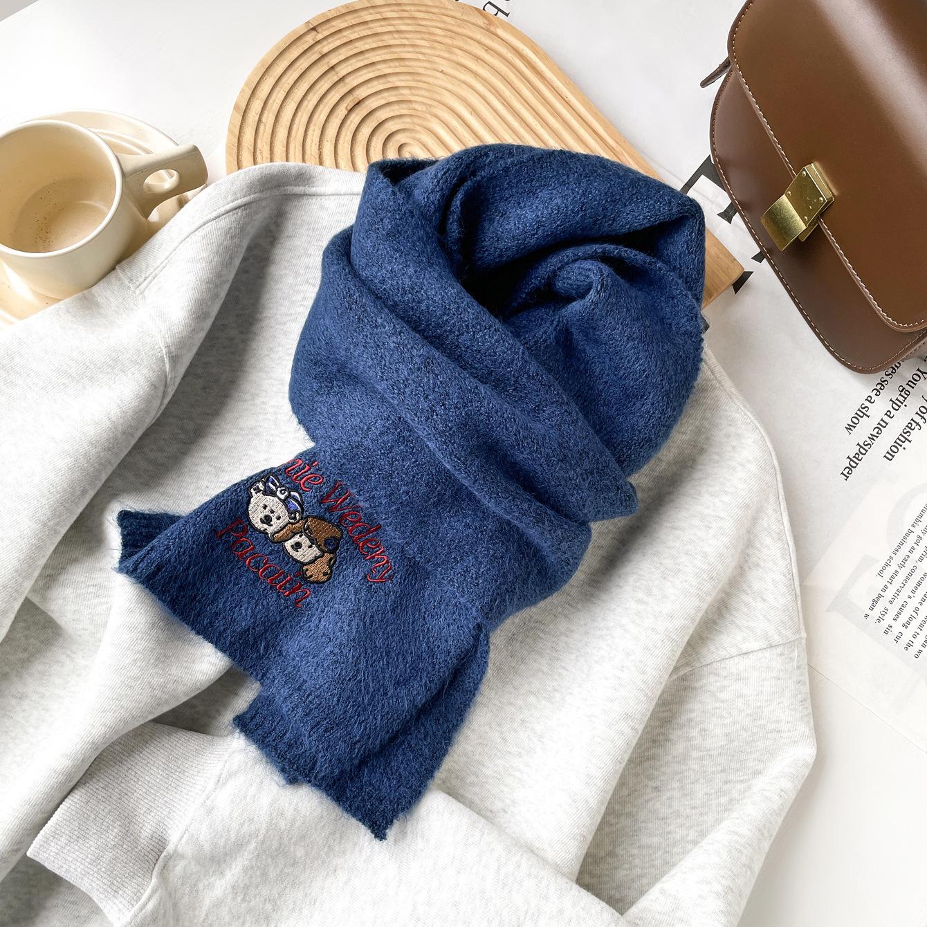 Cute Woolen Bear Scarf Embroidered Knitted Scarf For Women Winter Advanced Warm And Cold-Proof Versatile Student Woolen Scarf One Size