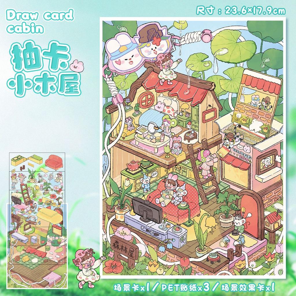 Plus Size Kawaii 3D Cartoon Small Wooden House Miniature Scene Stickers Stacked Stickers Game Stickers Children's Festival Gifts