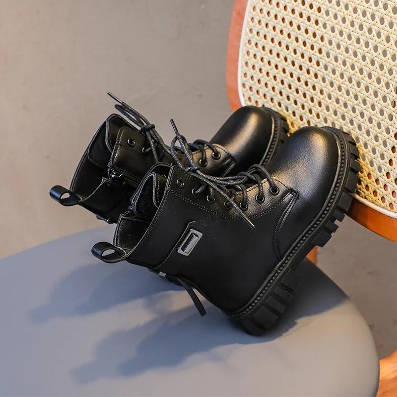 Girls Fashion Boots Kids Black Boots Motorcycle Tide British Style Kids Rubber Boots 2024 Autumn Winter Warm with Metal Buckle