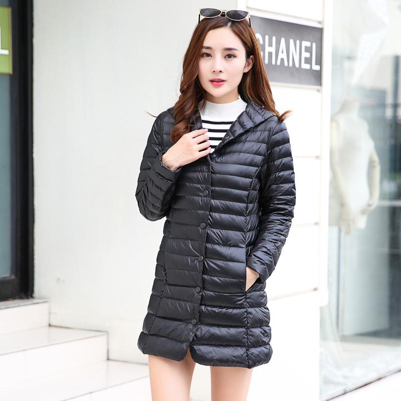 2019 Winter New Light Down  Women's Medium and Long Hooded Casual White Duck Down Large Size
