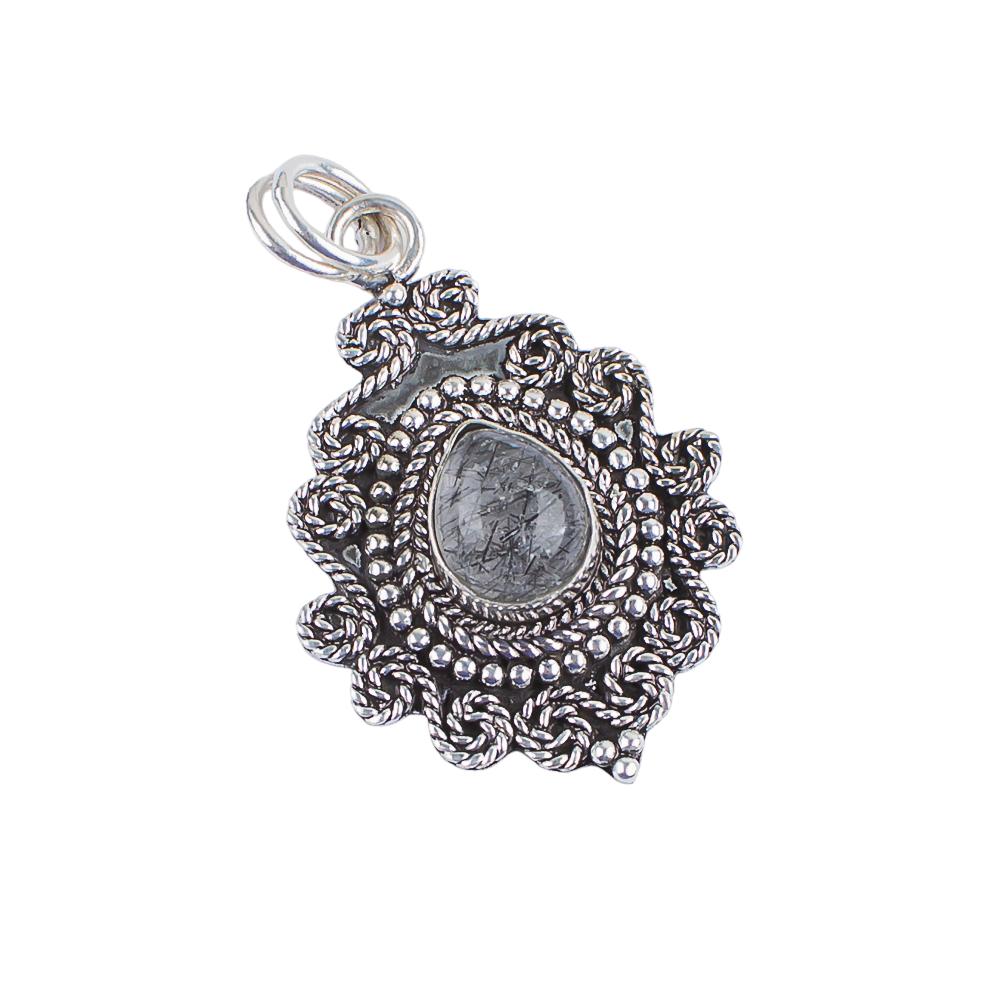 Natural Black Rutile Gemstone 925 Sterling Silver Handmade Pear-Cut Pendant 1.55" For Birthday Gift PP-25-25