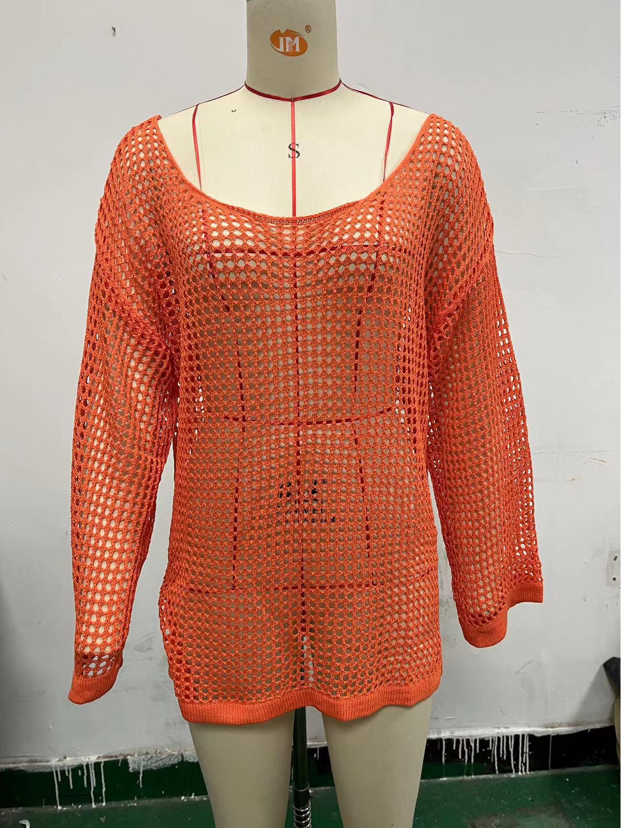 

European & American Style Mesh Knit Bikini Cover-up Cardigan: Women s Summer Beach Sun Protection Shirt Small червоний/помаранчевий