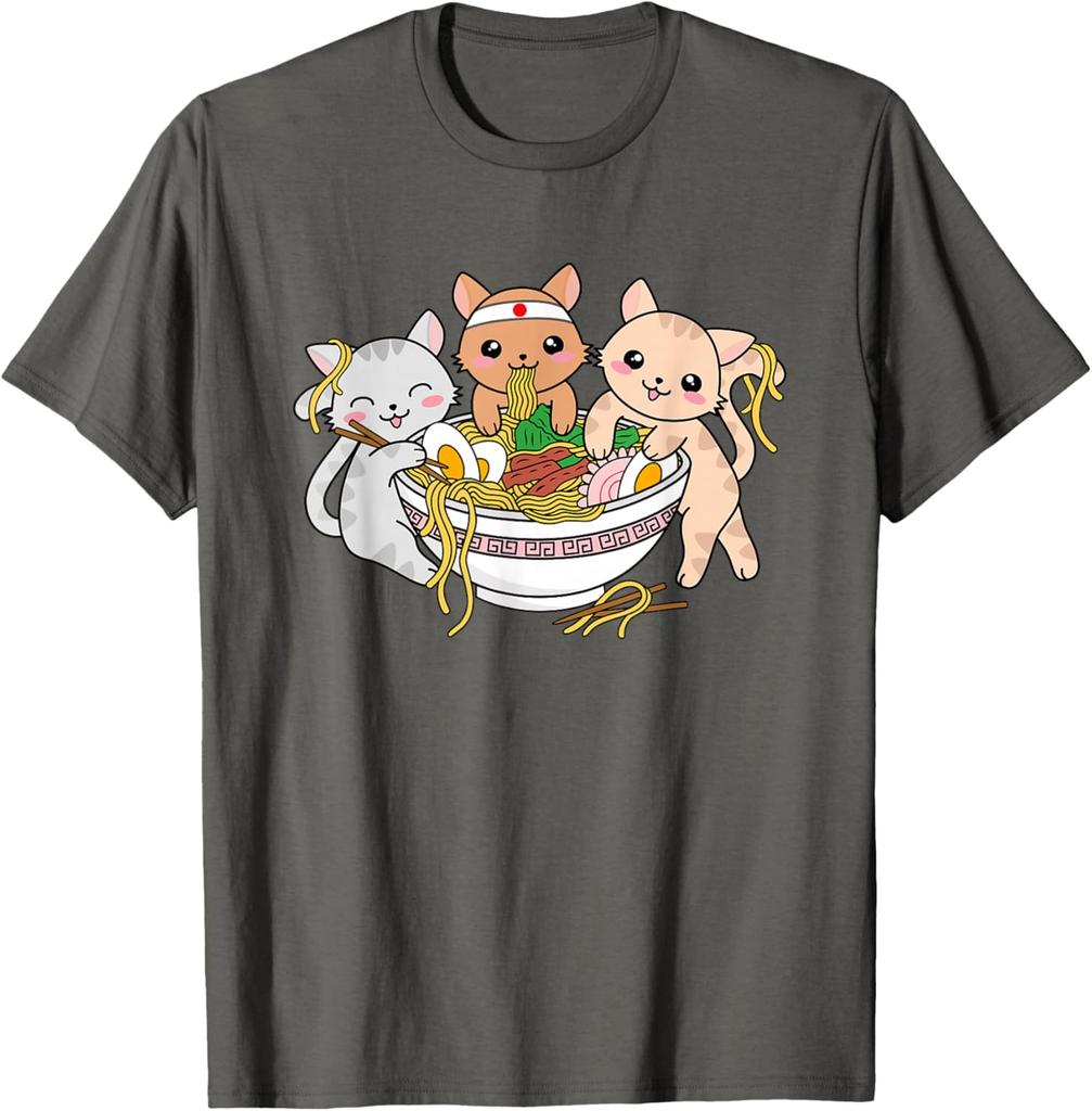 Cute Kawaii Cats Eating Ramen Japanese Noodle Graphic Tee Soft Cotton T-Shirt