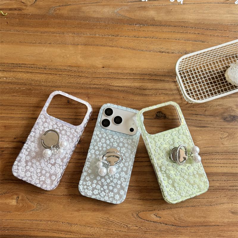 Elegant Floral Print Glitter Case With Pearl Ring Holder For iPhone 14 15 16 17 Pro Max INS Kawaii Style Large Window Shockproof