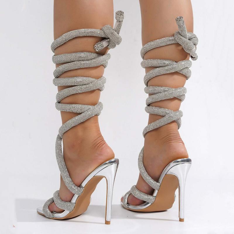 Fashion Luxury Rhinestones Women Sandals Sexy Ankle Strap Cross-tied Thin High Heeled Gladiator Sandals Fashion Summer Party Prom Shoes