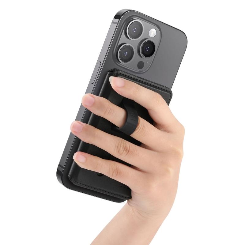 Adjustable Viewing Angle Phone Stand Card Storage Foldable Design Magnetic Backing PU Leather Construction