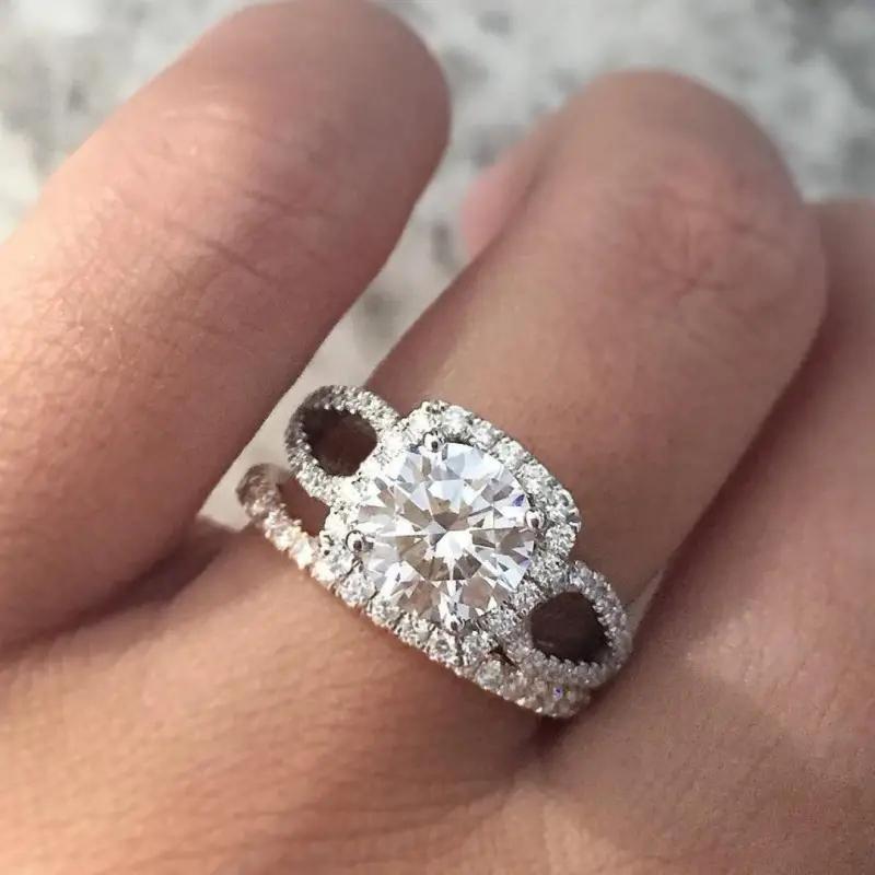 

Huitan Luxury 2Pcs Set Round Zirconia Rings Female Graceful Wedding Band Zircon Double Stacked Fashion Engagement Accessories 10