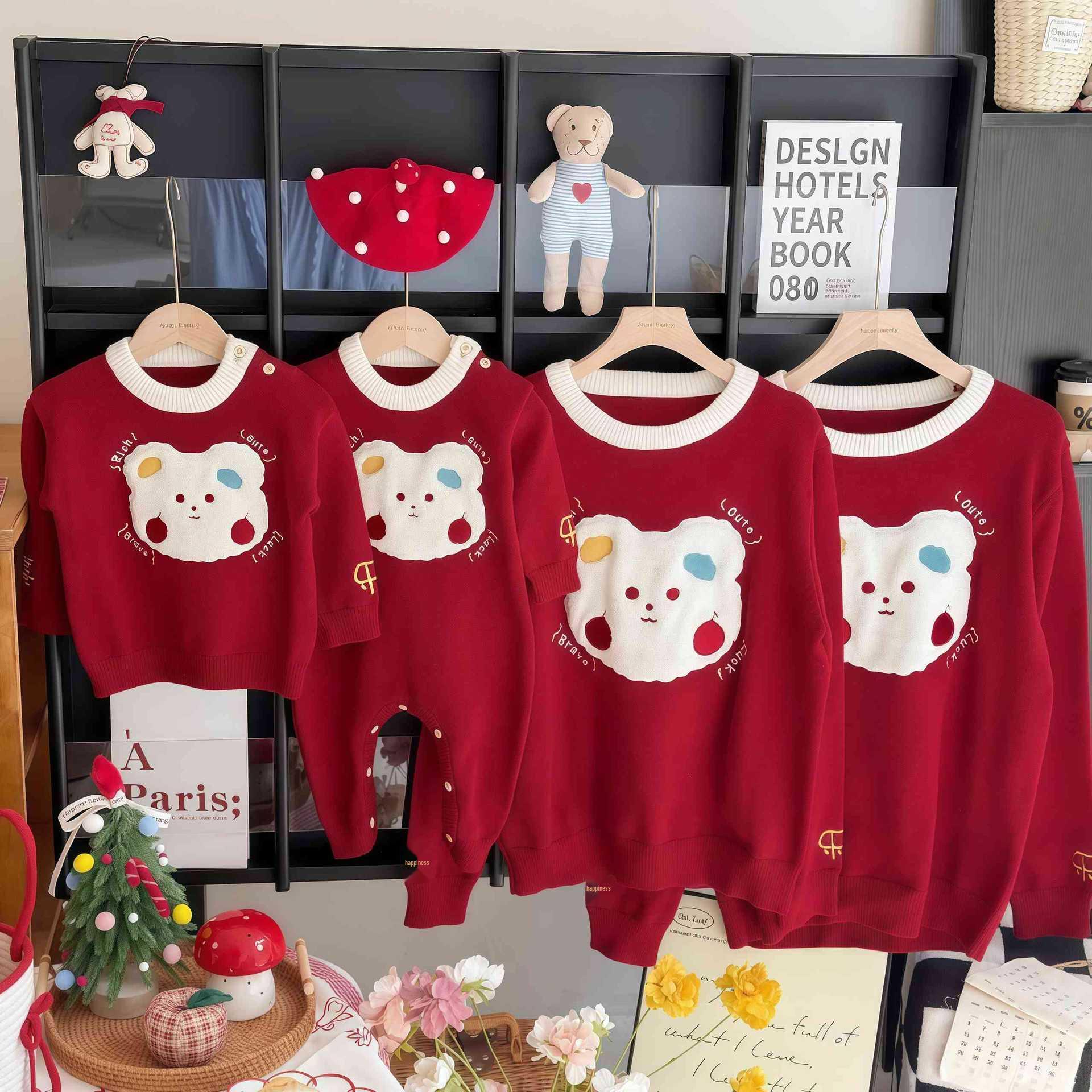 

2025 Autumn/Winter Family Cartoon Knitted Sweater for First Birthday - Mother-Daughter Full Moon Outfit Kids Crewneck Top 120 красный