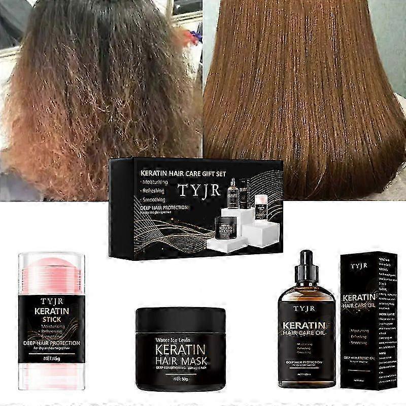 Keratin Hair Care Set: Keratin Hair Mask, Keratin Hair Stick, Keratin Hair Care Oil, Deep Hair Conditioner - Dry, Split End, Damaged Hair Repair Treat