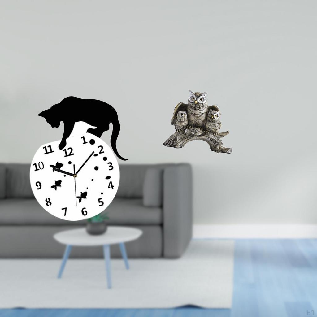 Silent Owl Hanging Clock Cat Wall Quiet Movement Sculpture Tabletop Ornament for Living Room