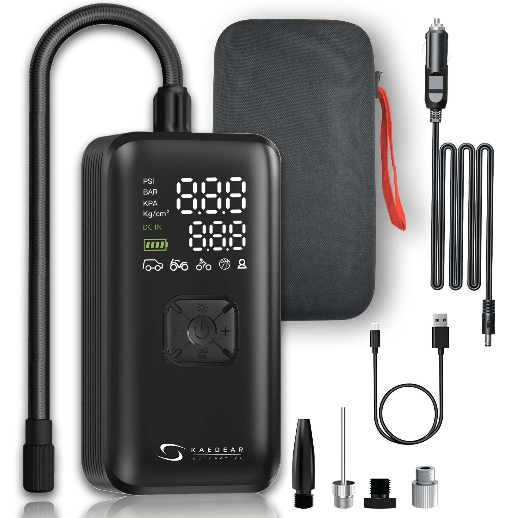 

KaedearAutoMotive Електричний насос для шин для автомобілів та Швидкі шини 12В Прикурювач Спеціальний Жорсткий та KAM-AP3 Мотоцикли, Накачування, 2-циліндровий, чорний