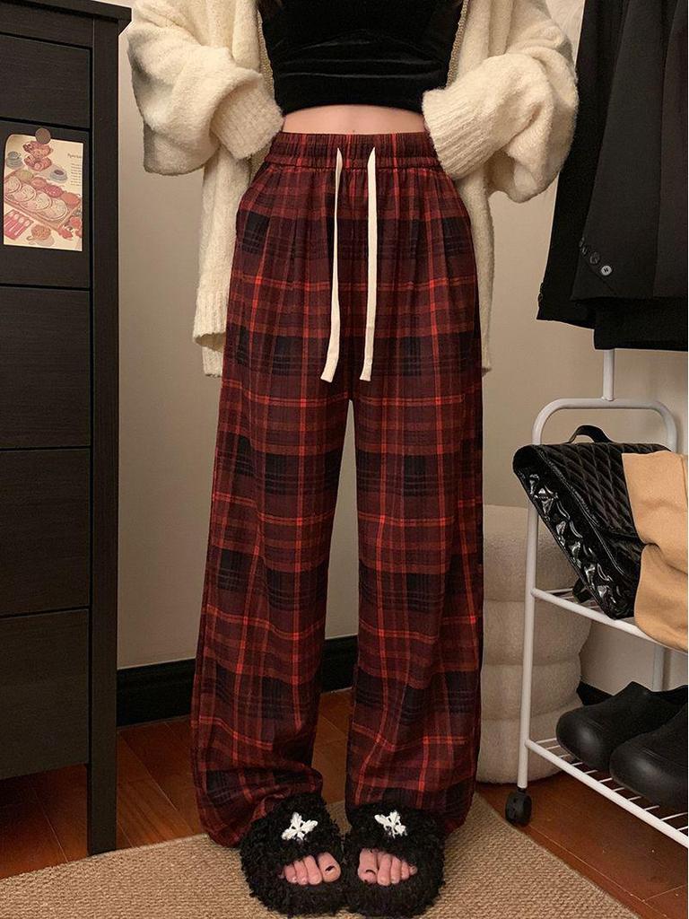 Women's Korean Style High Waist Plaid Wide Leg Pants - Retro, Loose, and Slimming for Spring & Autumn